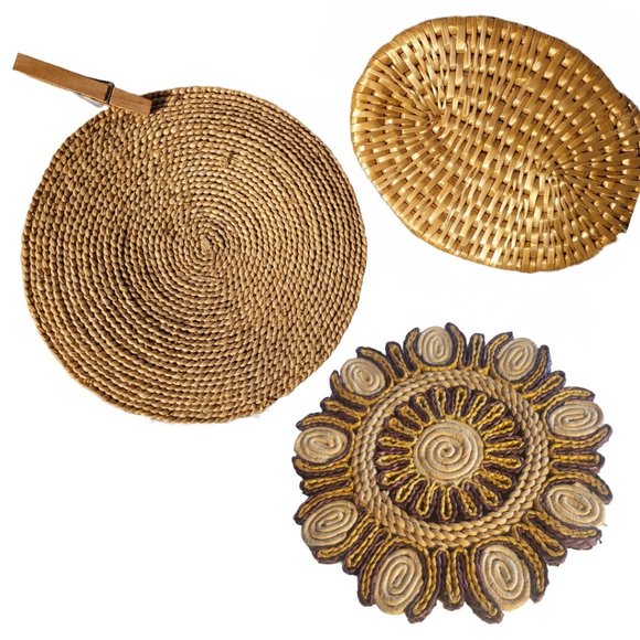 3pc Vintage Handmade Braided & Woven Rattan Raffia Wicker Trivets - Picture 1 of 1
